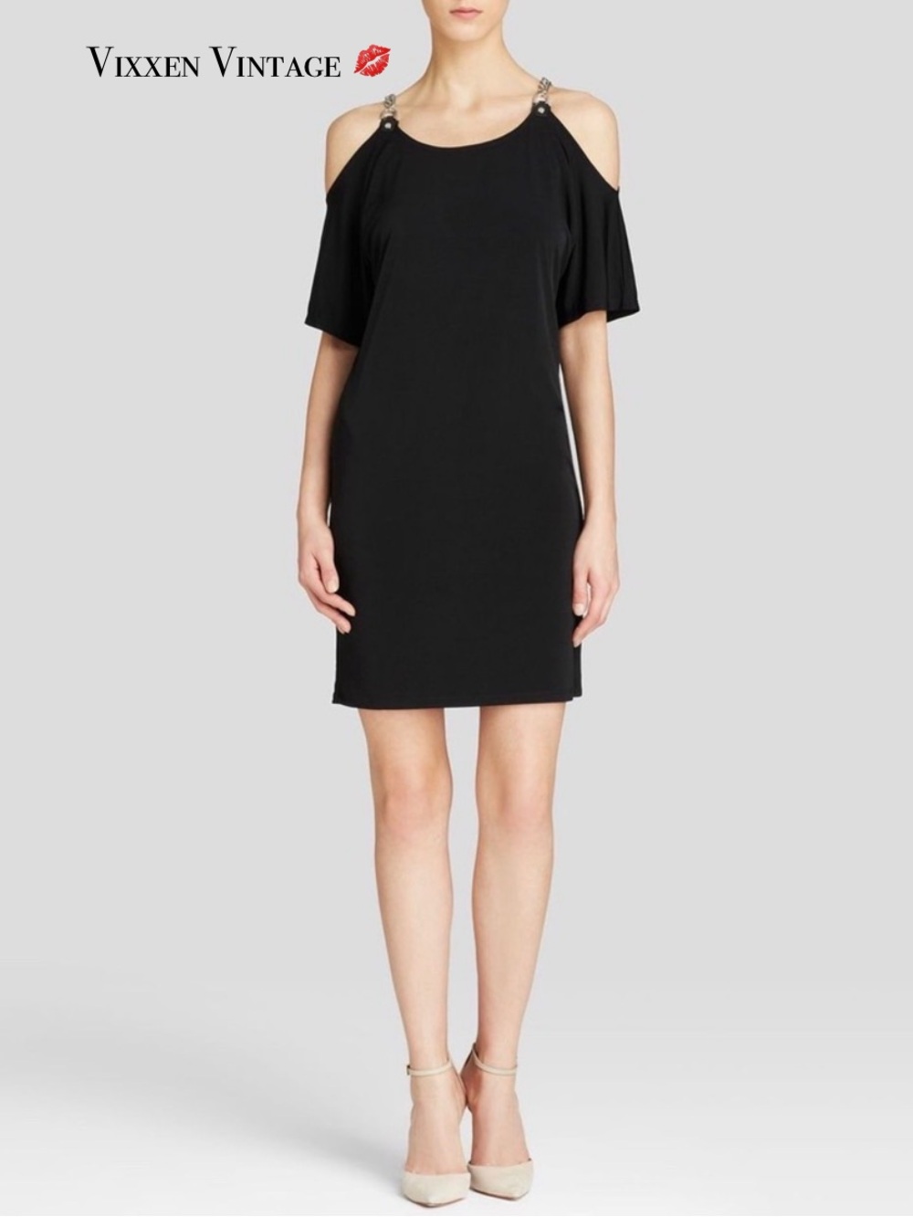 MICHAEL KORS CHAIN STRAP COLD SHOULDER SHIFT DRESS IN BLACK